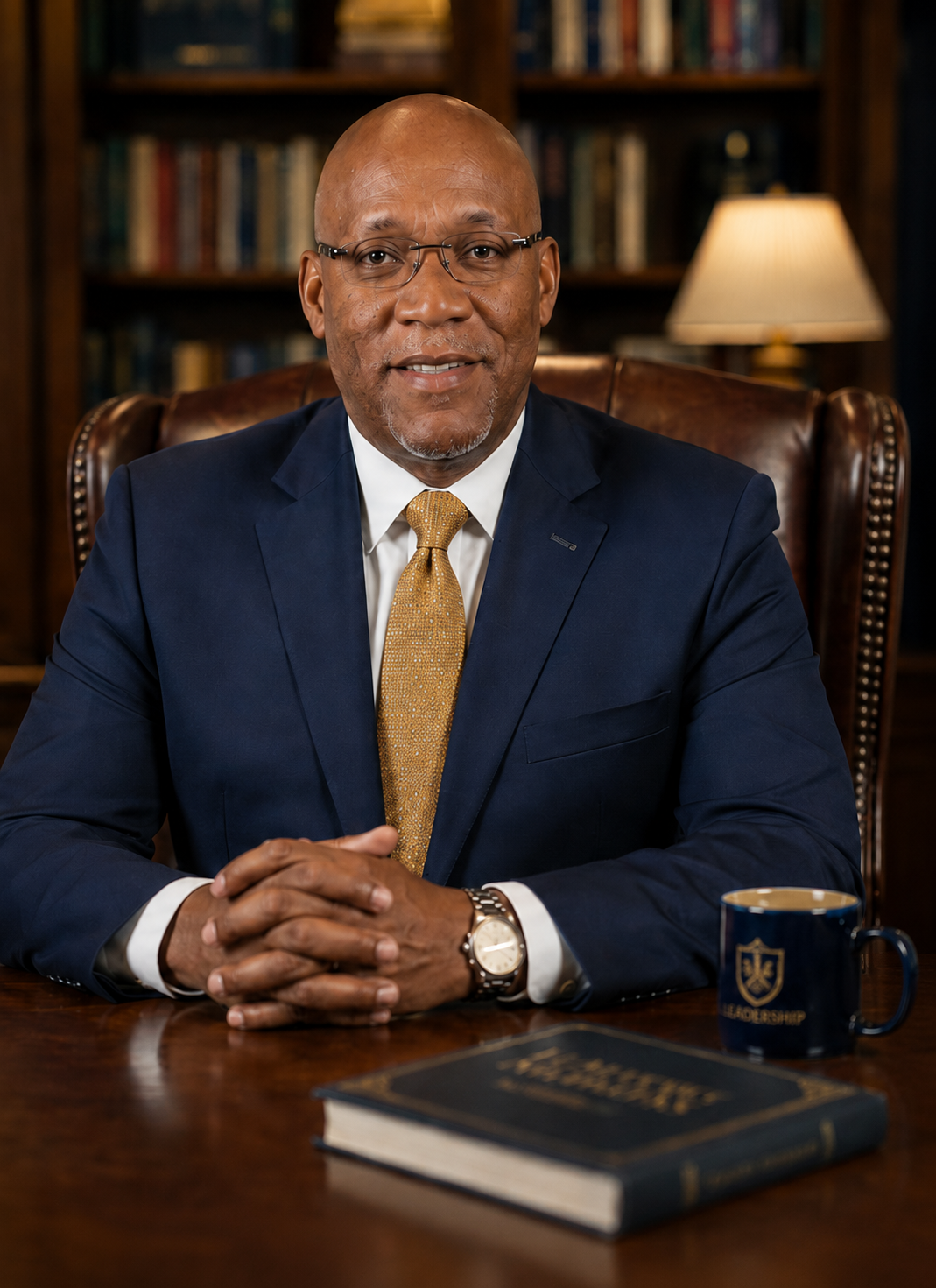 Portrait of Dr. Allen Lewis, PhD, seated at his desk in a wood-paneled study lined with books.