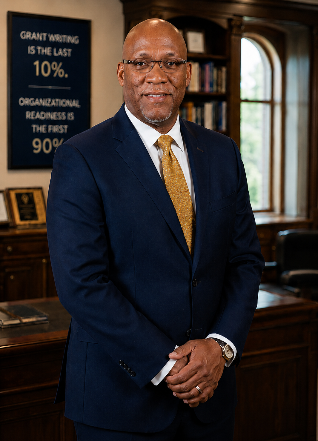 Portrait of Dr. Allen Lewis, PhD, standing in his study beside the 90% Rule.